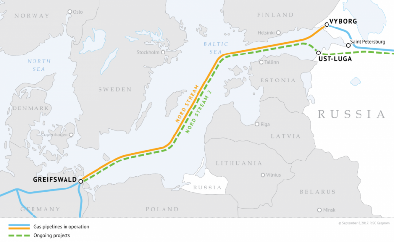 Map showing the route of Nord Stream and Nord Stream 2 pipelines. Source - PJSC Gazprom 2017.